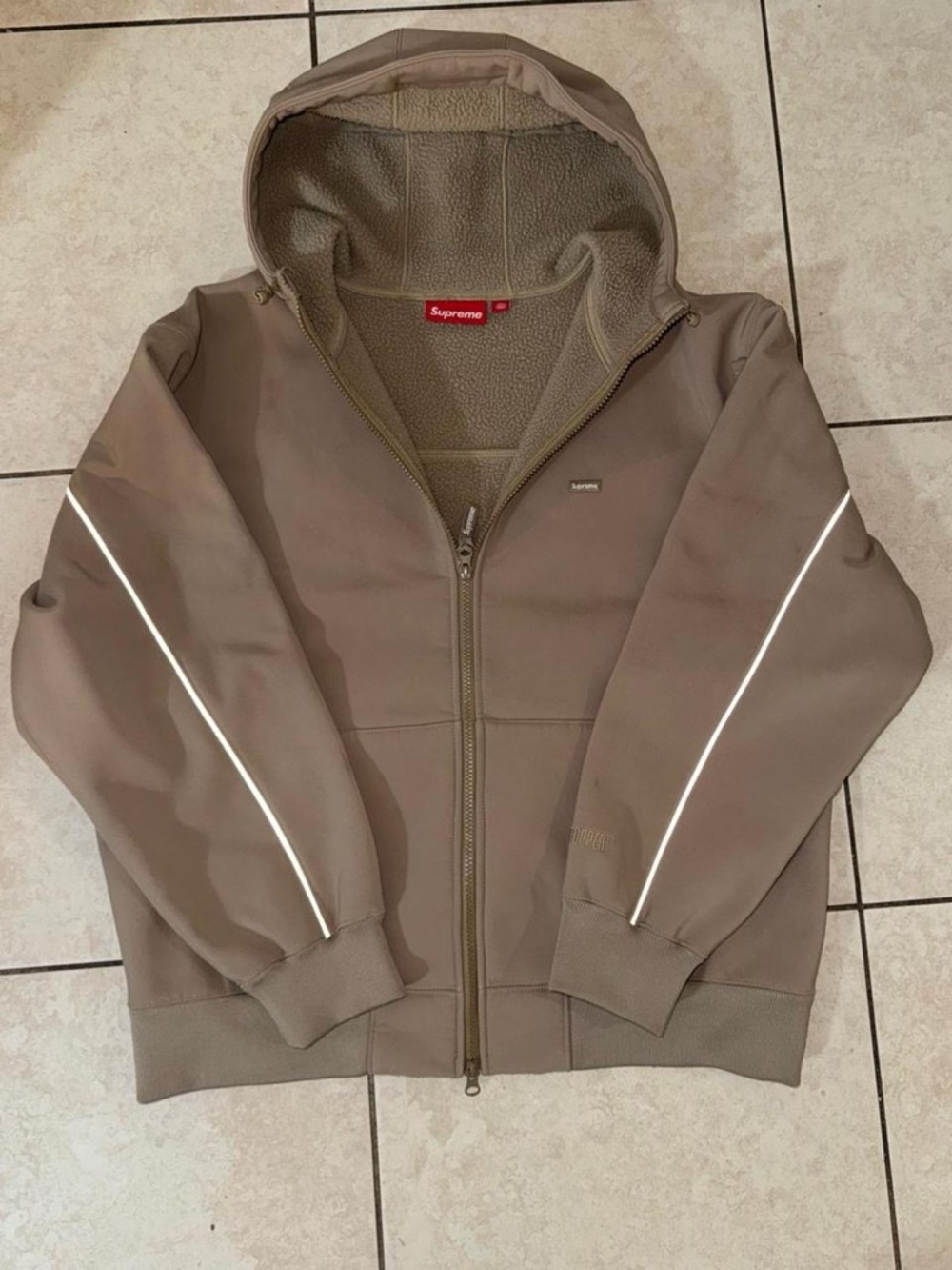 Supreme Taupe Zip-Up Hooded Sherpa Jacket